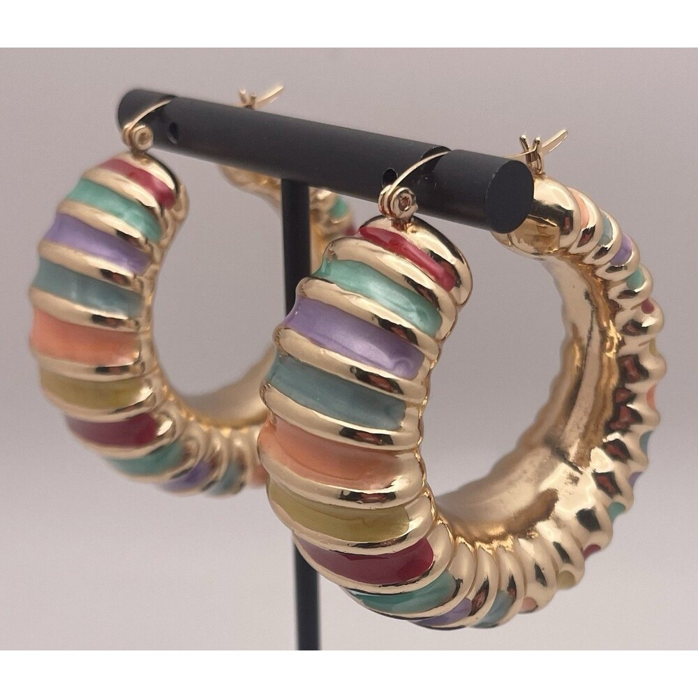 Rainbow Enamel Gold Tone Light Chunky Weight Hoop Statement Earrings